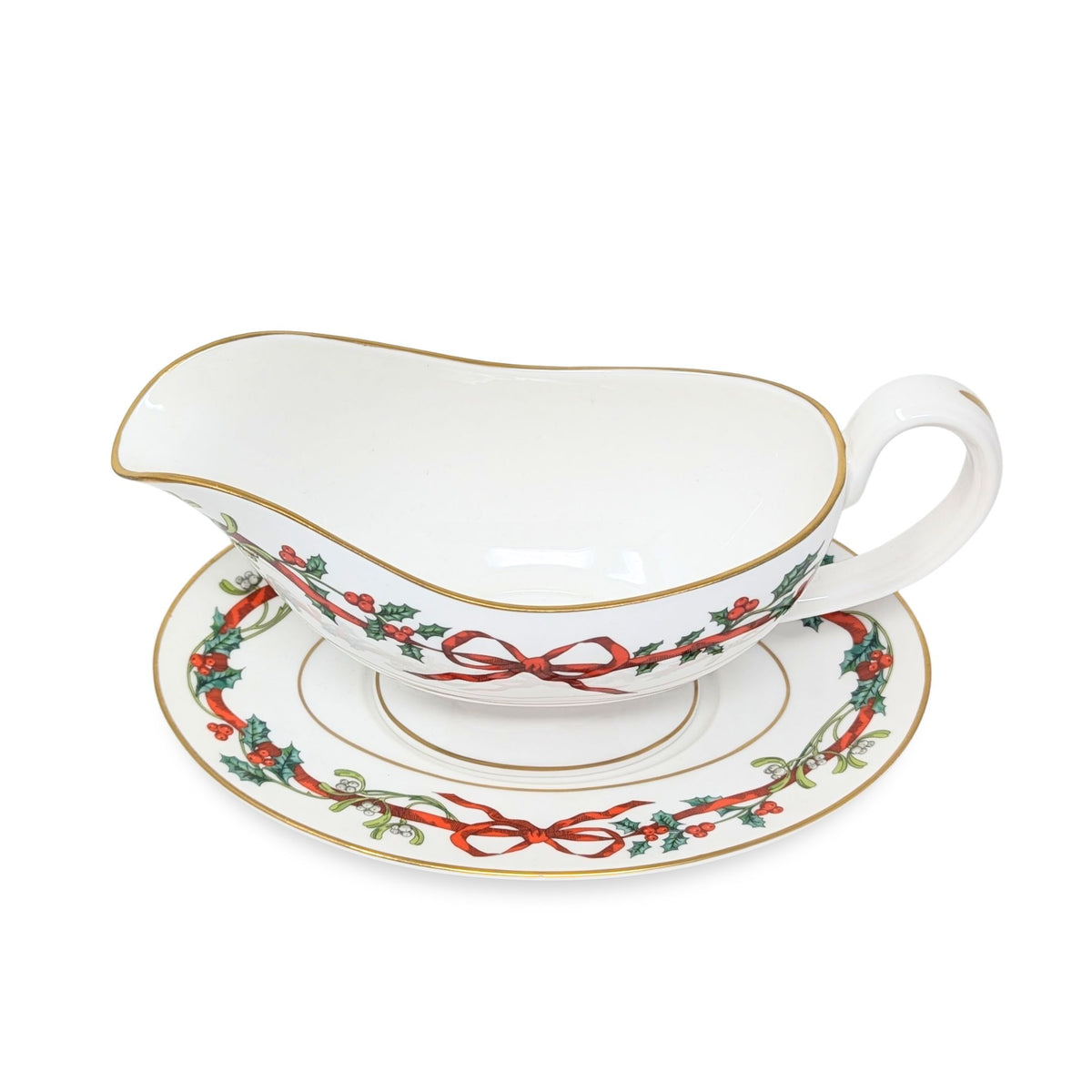 Royal Worcester "Holly Ribbons" Gravy Boat & Underplate