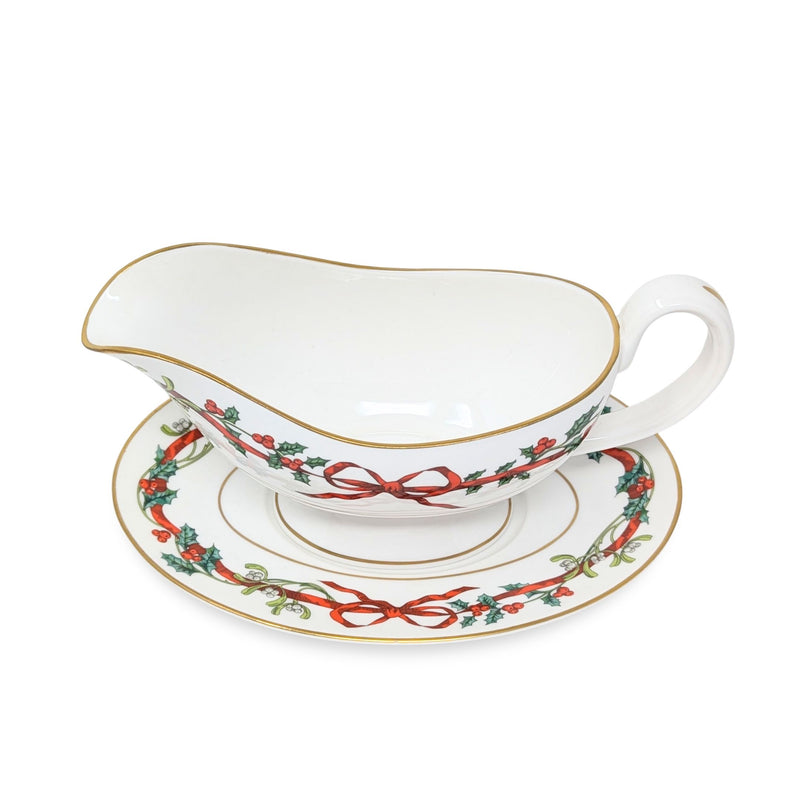 Royal Worcester "Holly Ribbons" Gravy Boat & Underplate