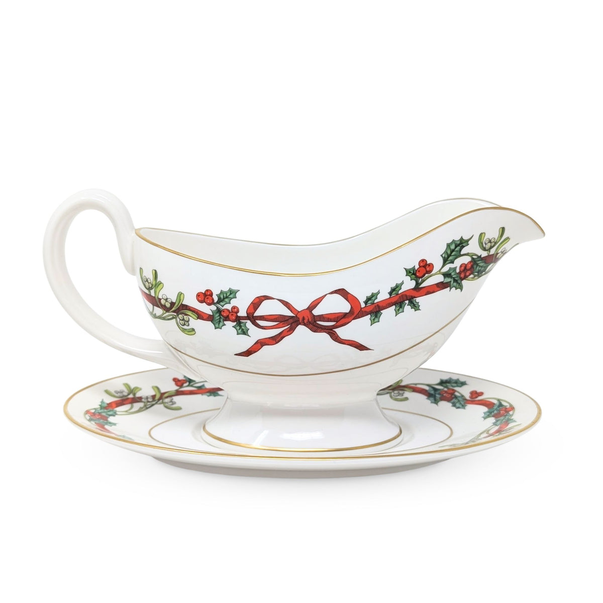 Royal Worcester "Holly Ribbons" Gravy Boat & Underplate