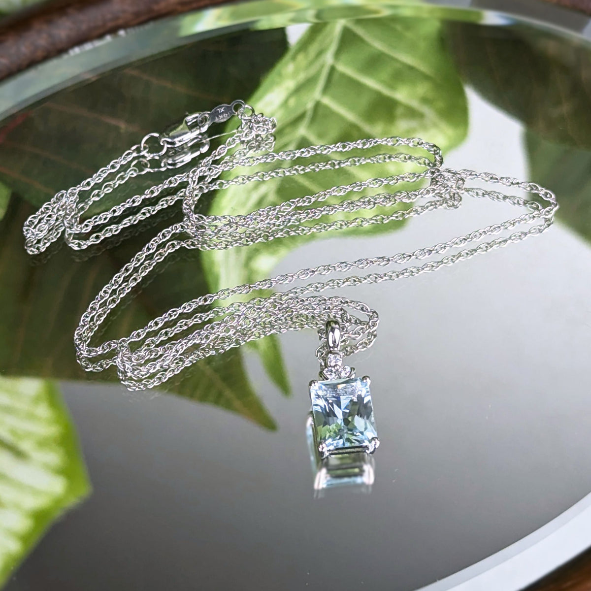 13K White Gold Aquamarine & Diamond 18” Pendant Necklace