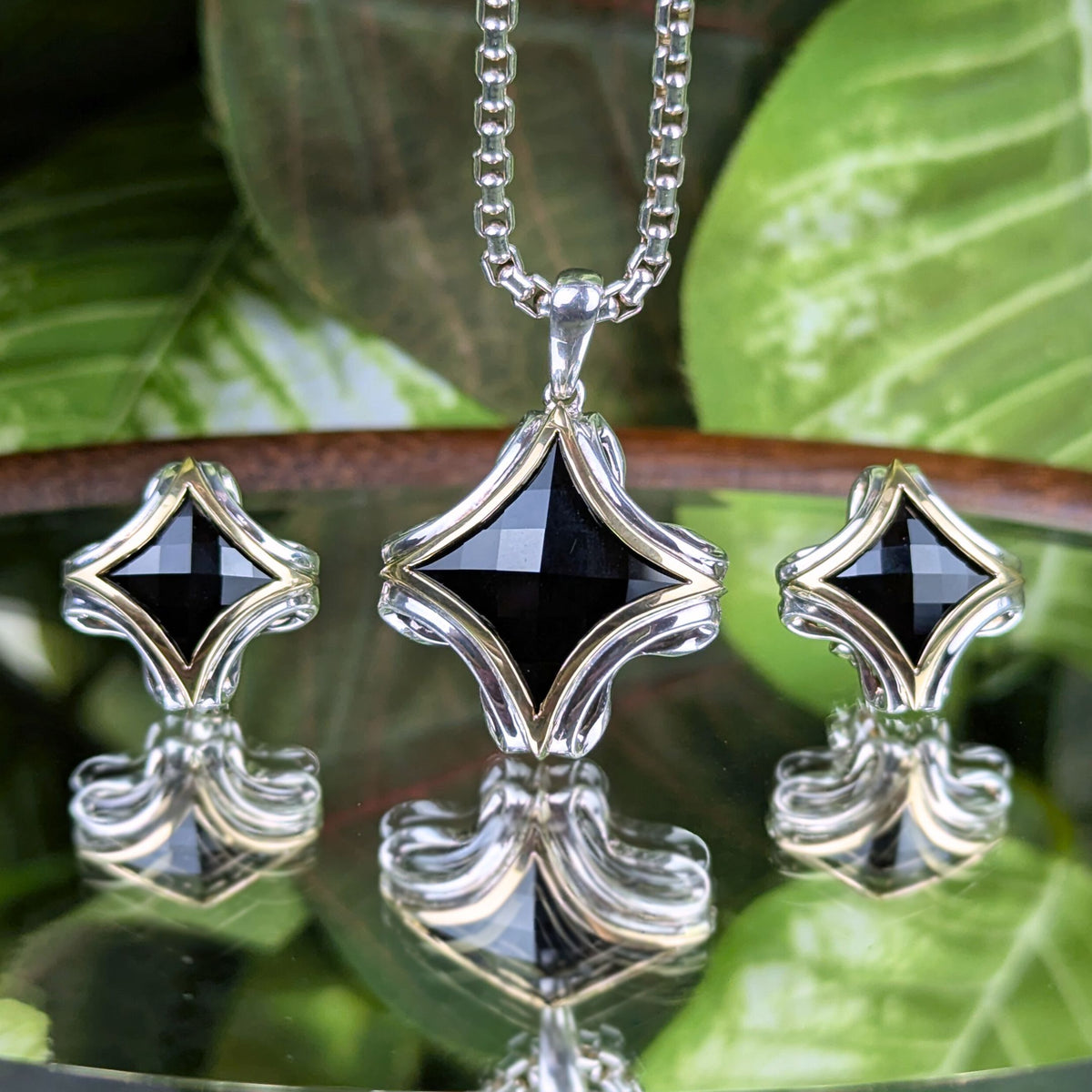 Lorenzo 18K Gold/ Sterling Silver Black Onyx Necklace & Earrings Set