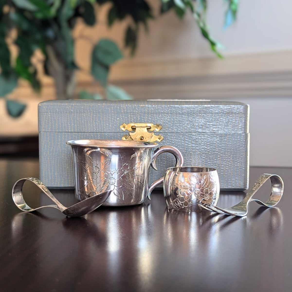 Vintage Japanese Sterling Silver 4pc Baby Set with Box