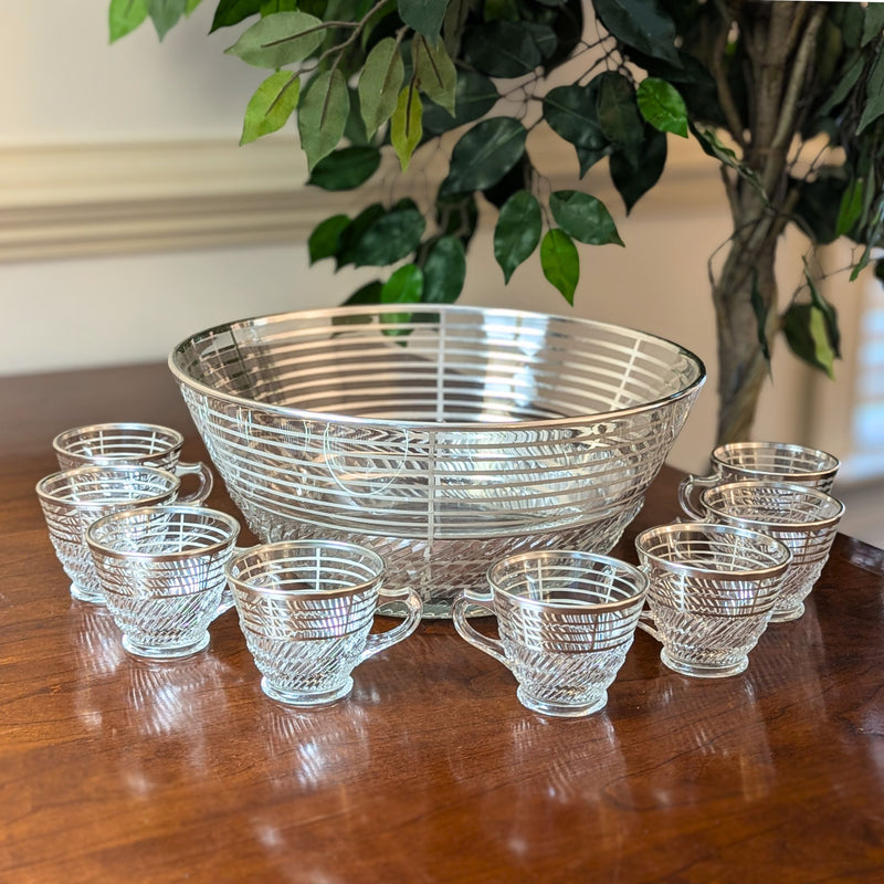 Art Deco Silver Overlay Pressed Glass Punch Bowl & 8 Punch Cups