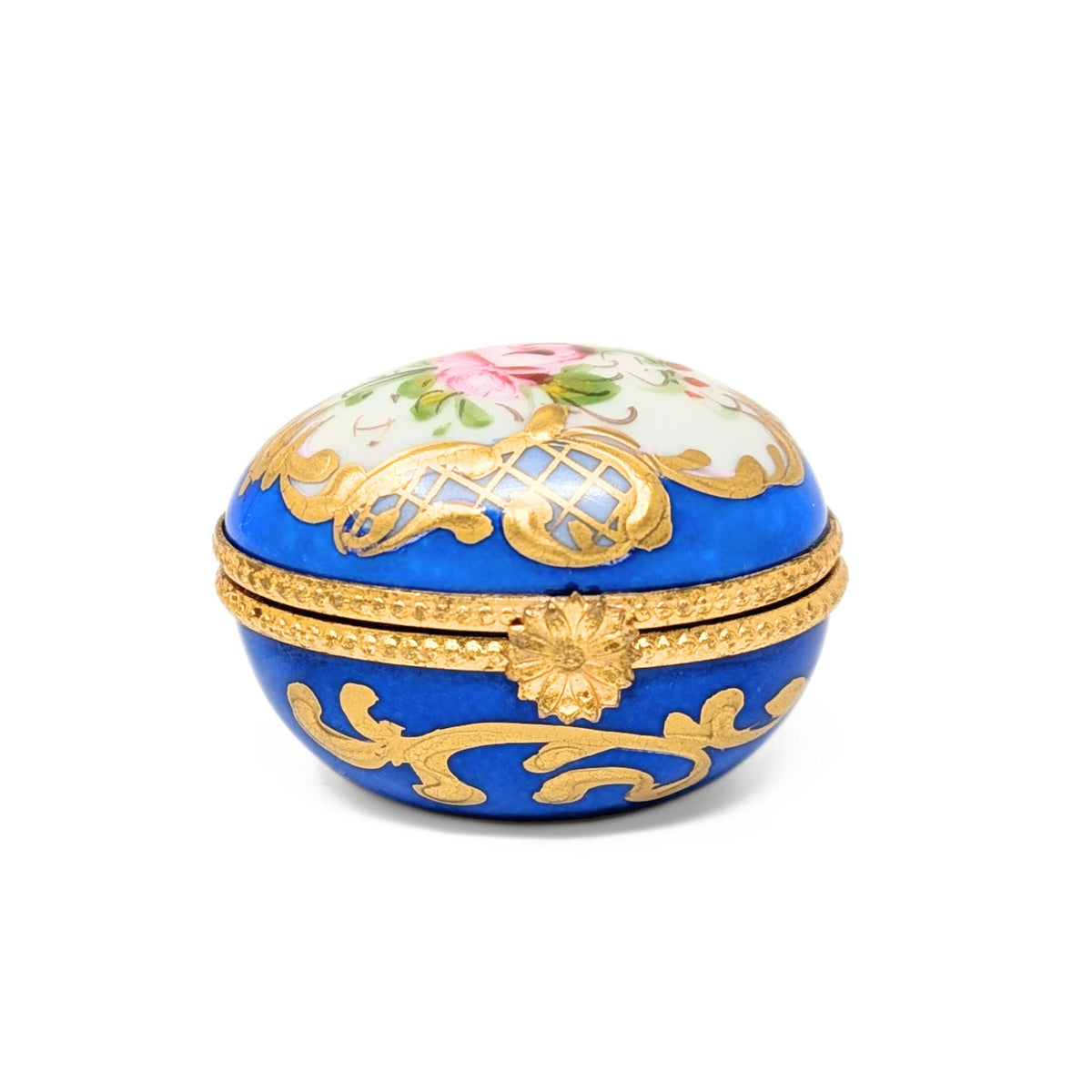 Hand-Painted Floral Limoges Egg-Shaped Trinket Box