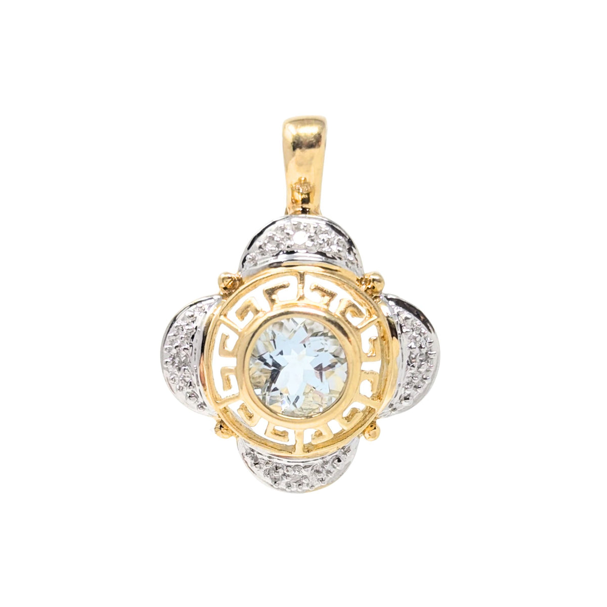 14K Two-Tone Gold Aquamarine & Diamond Greek Key Pendant