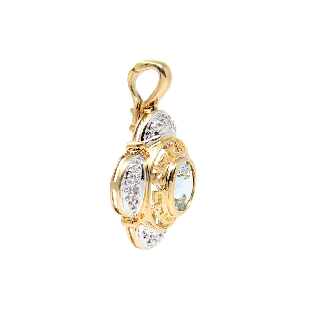 14K Two-Tone Gold Aquamarine & Diamond Greek Key Pendant
