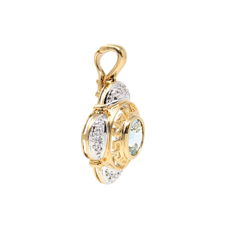 14K Two-Tone Gold Aquamarine & Diamond Greek Key Pendant