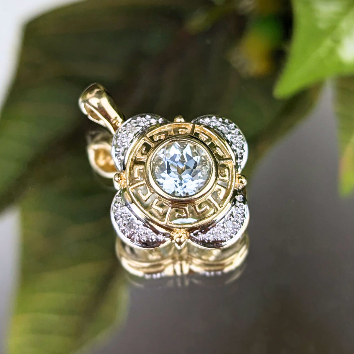 14K Two-Tone Gold Aquamarine & Diamond Greek Key Pendant