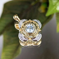 14K Two-Tone Gold Aquamarine & Diamond Greek Key Pendant
