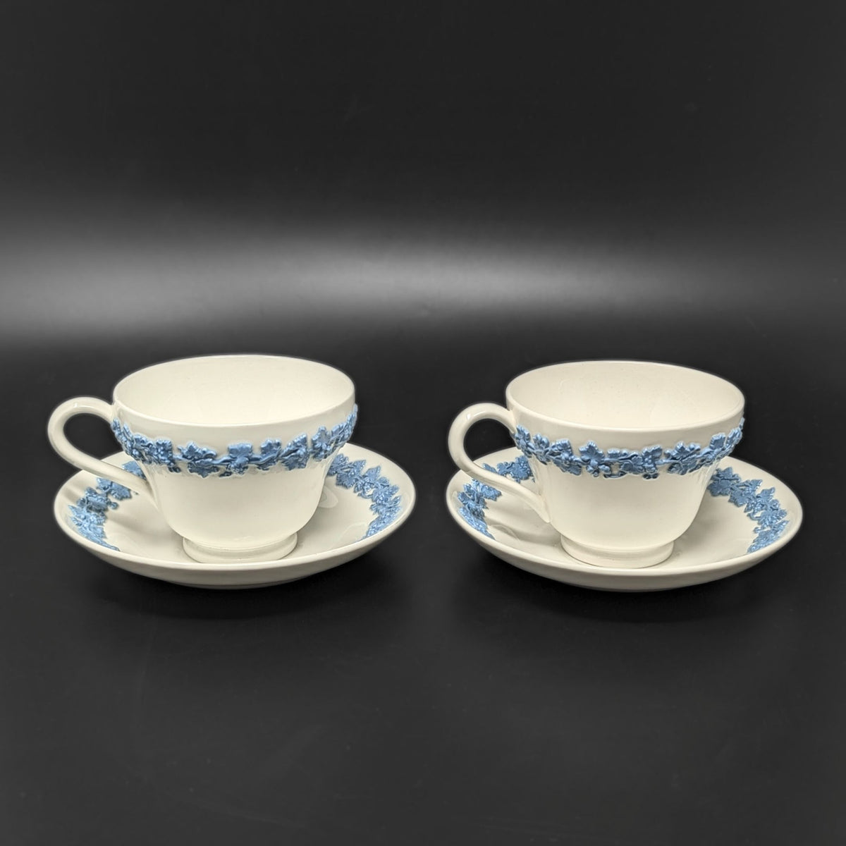 Wedgwood "Lavender on Cream" Plain Edge Footed Cups & Saucers (Pair)