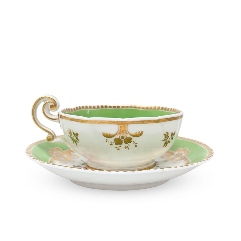 Antique Gilt, Green, and Floral 8pc Teacup & Saucer Set