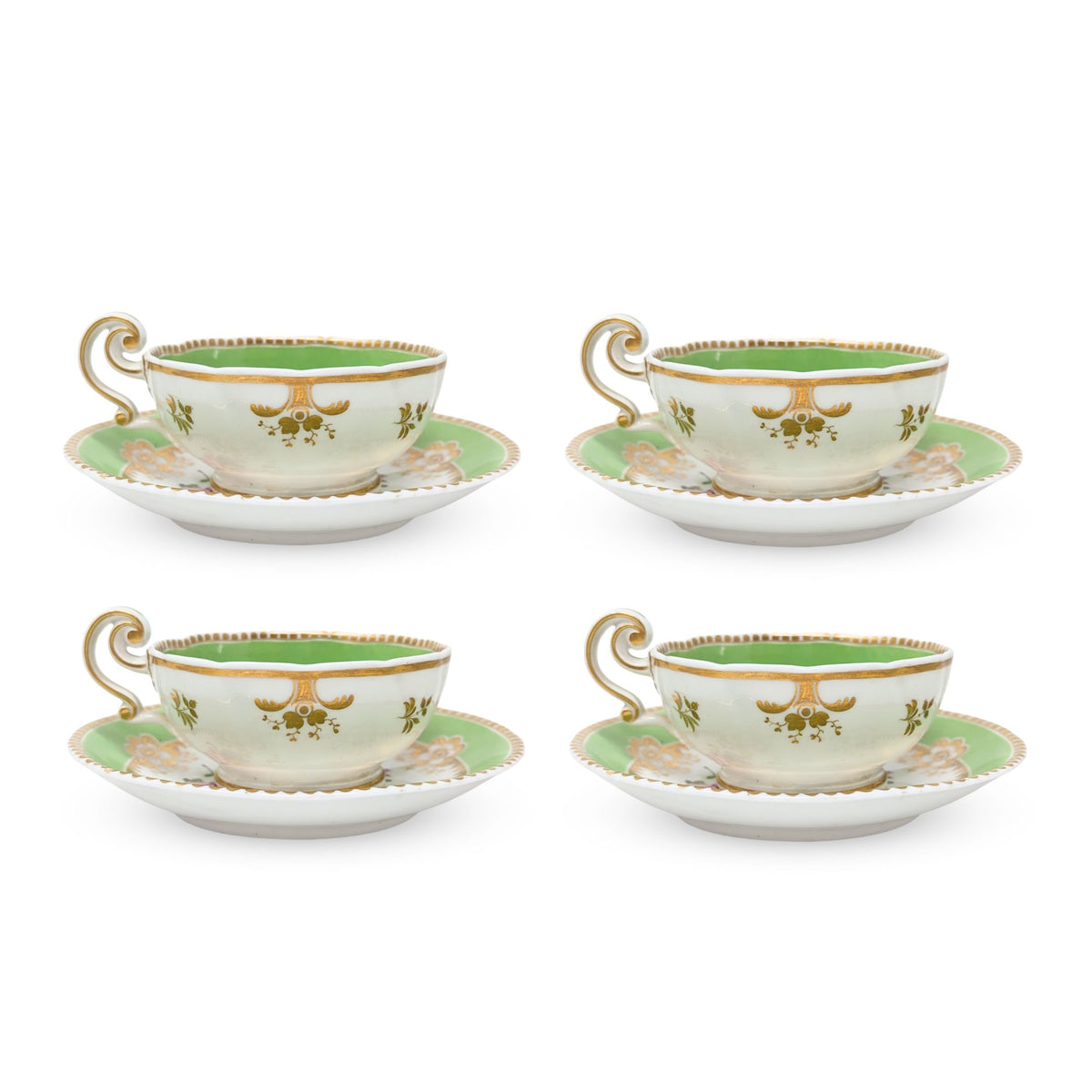 Antique Gilt, Green, and Floral 8pc Teacup & Saucer Set