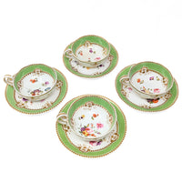 Antique Gilt, Green, and Floral 8pc Teacup & Saucer Set