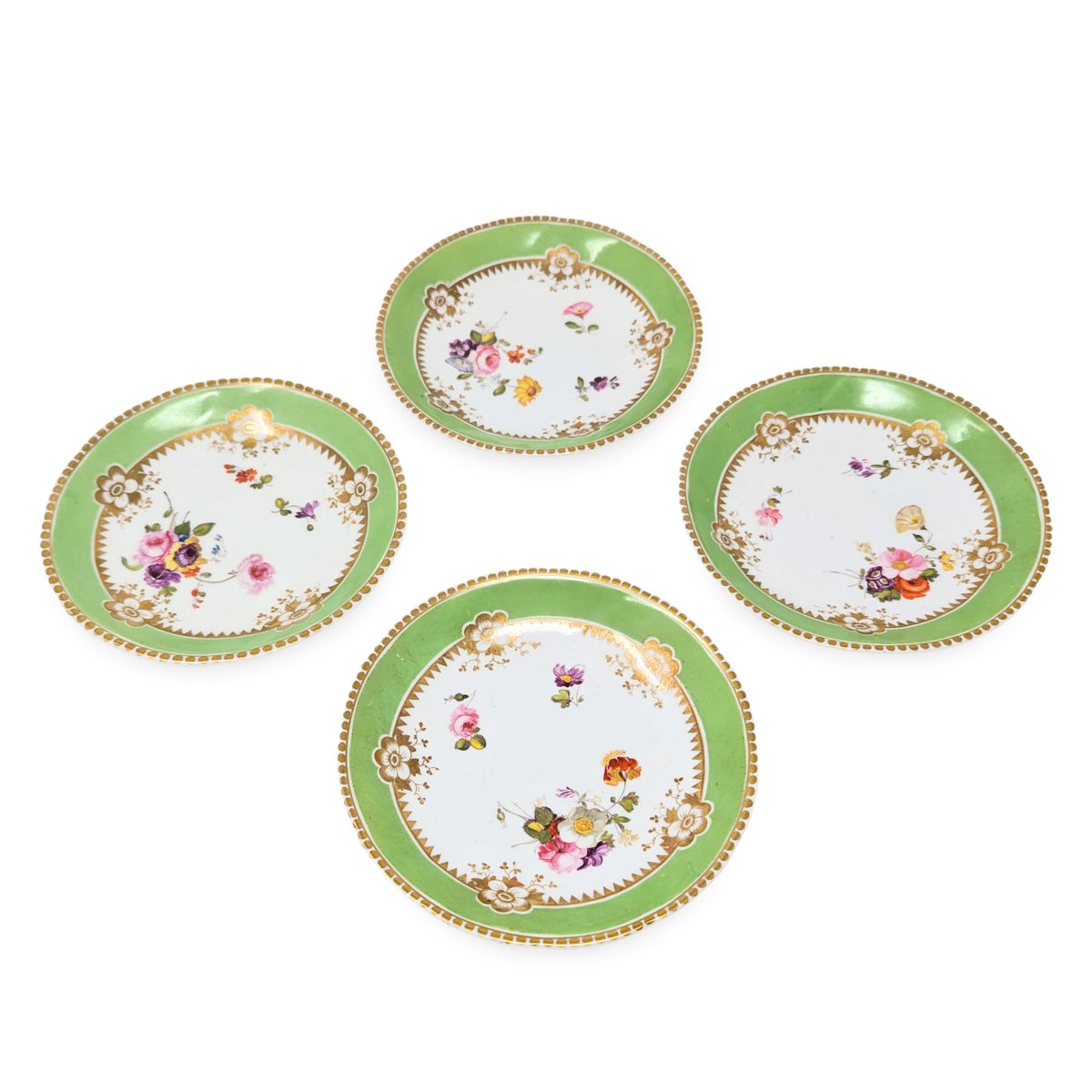 Antique Gilt, Green, and Floral 8pc Teacup & Saucer Set