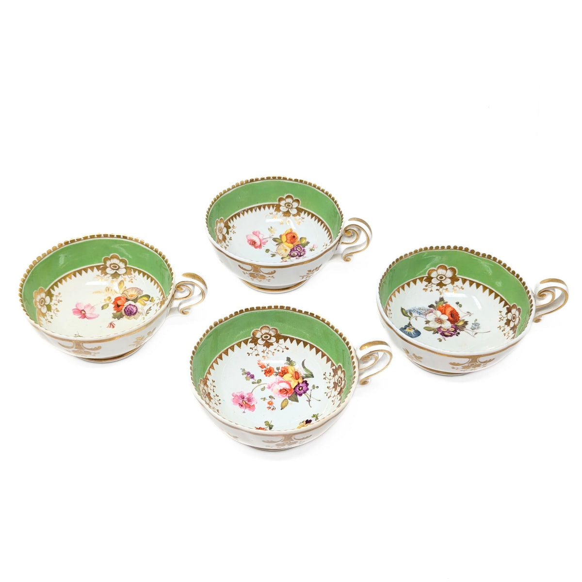 Antique Gilt, Green, and Floral 8pc Teacup & Saucer Set