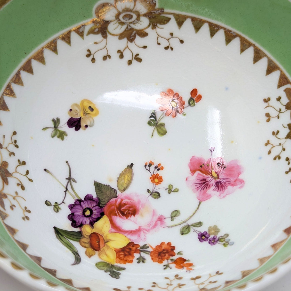 Antique Gilt, Green, and Floral 8pc Teacup & Saucer Set