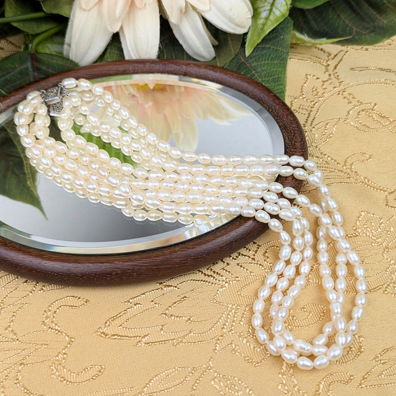 Triple Strand Button Pearl 18" Necklace w/ Sterling Clasp