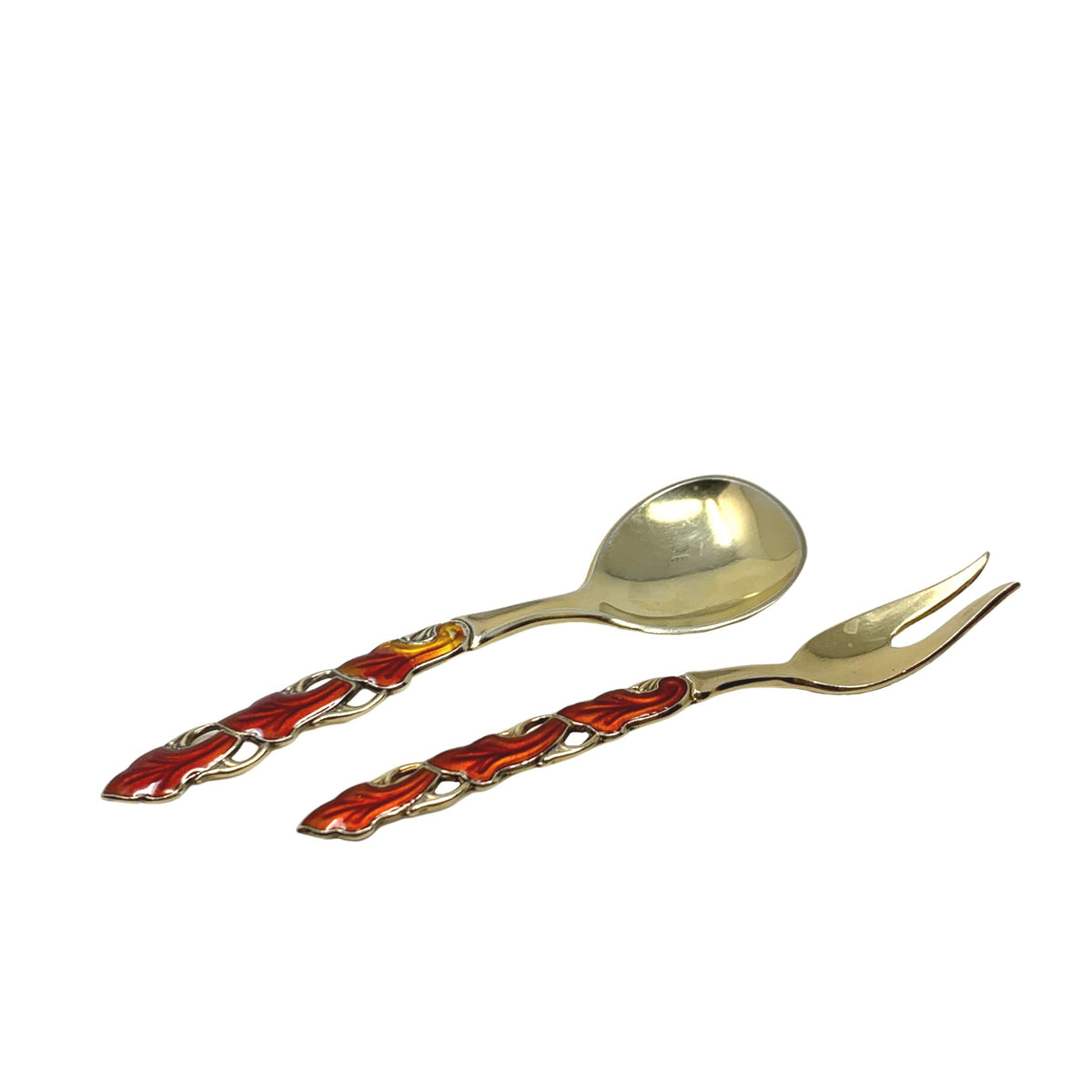 Gold Washed Sterling Silver Guilloche Caviar Spoon & Cocktail Fork