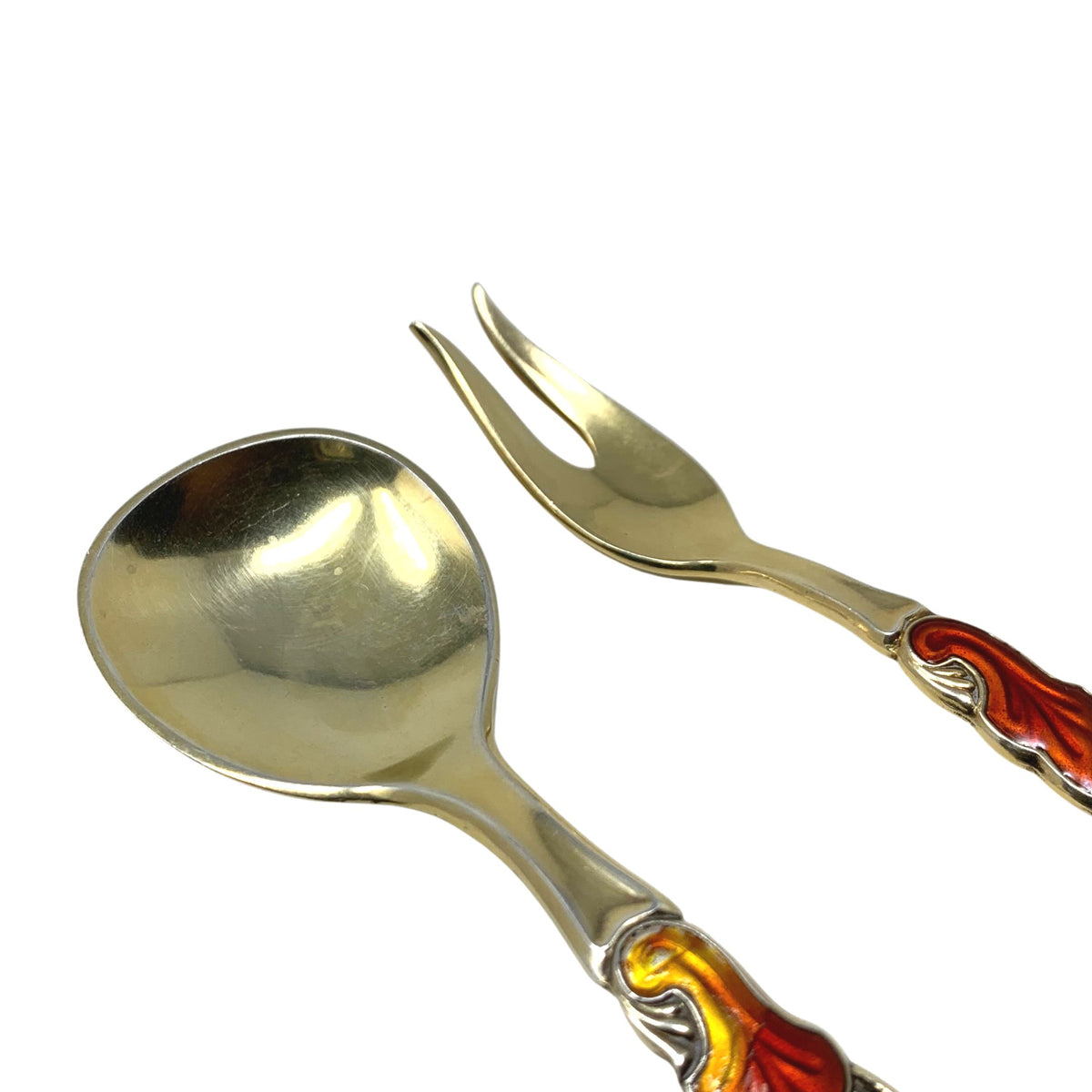 Gold Washed Sterling Silver Guilloche Caviar Spoon & Cocktail Fork