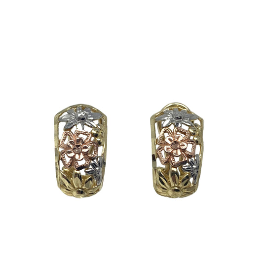14K Tricolor Gold Diamond Cut Flower Omega Back Earrings