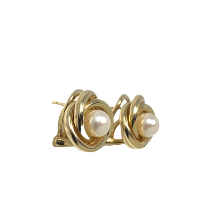 Barton A. Ballou 14K Gold Pearl & Knot Omega Earrings
