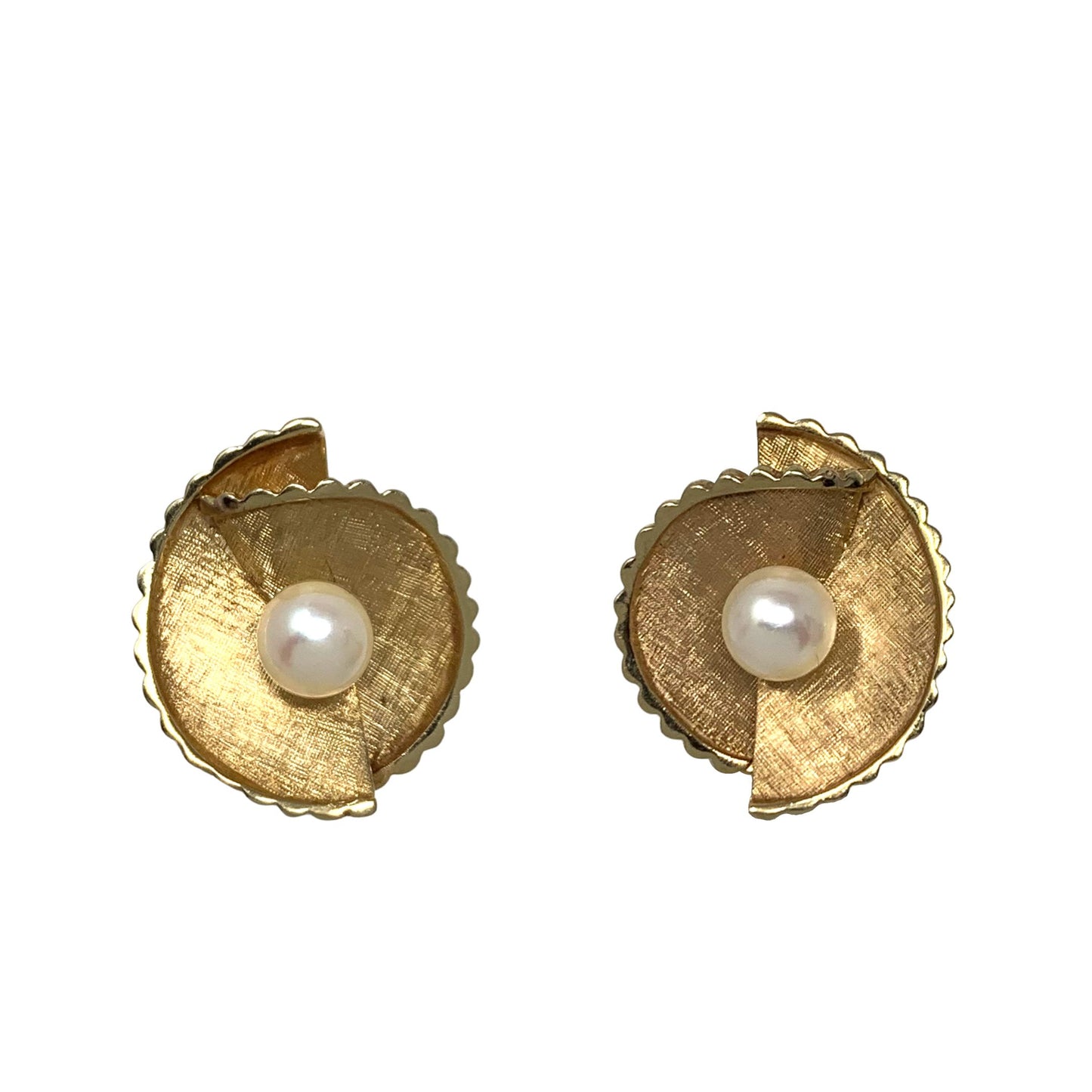 Vintage 14K Gold & Pearl Brushed Screw-Back Clip On Earrings