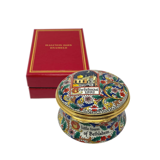 Halcyon Days 1992 Enamel Christmas Trinket Box With Papers & Box