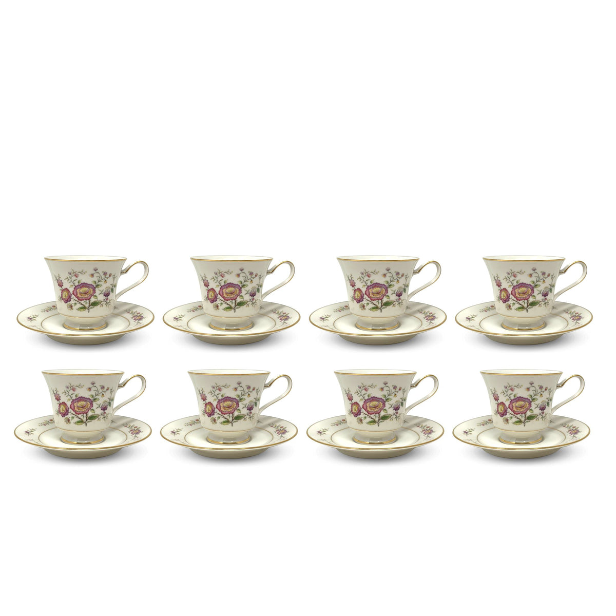 Noritake "Asian Song" Ivory China Set of 8 Tea Cups & Saucers (16pcs)