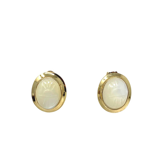 14K Gold Vintage Moonstone Scarab Cabochon Earrings