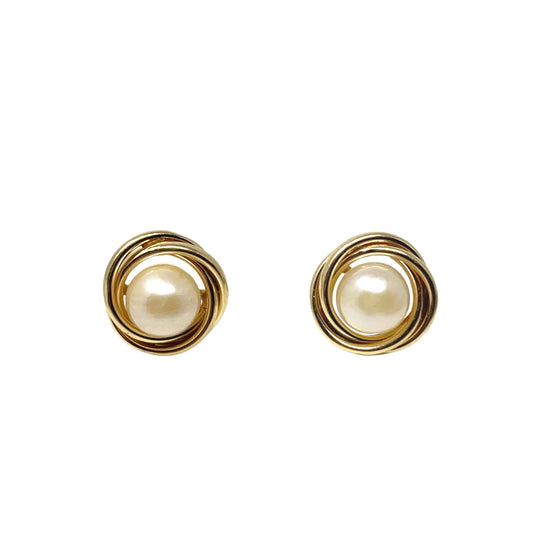 14K Gold Pearl Spiral Knot Stud Earrings