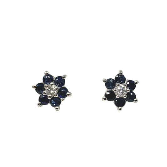 14K White Gold Diamond & Sapphire Flower Stud Earrings
