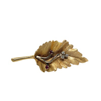 14K Gold Diamond & Ruby Leaf Brooch