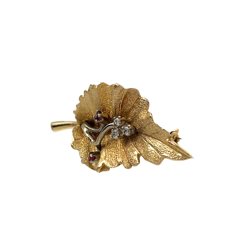 14K Gold Diamond & Ruby Leaf Brooch