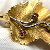 14K Gold Diamond & Ruby Leaf Brooch