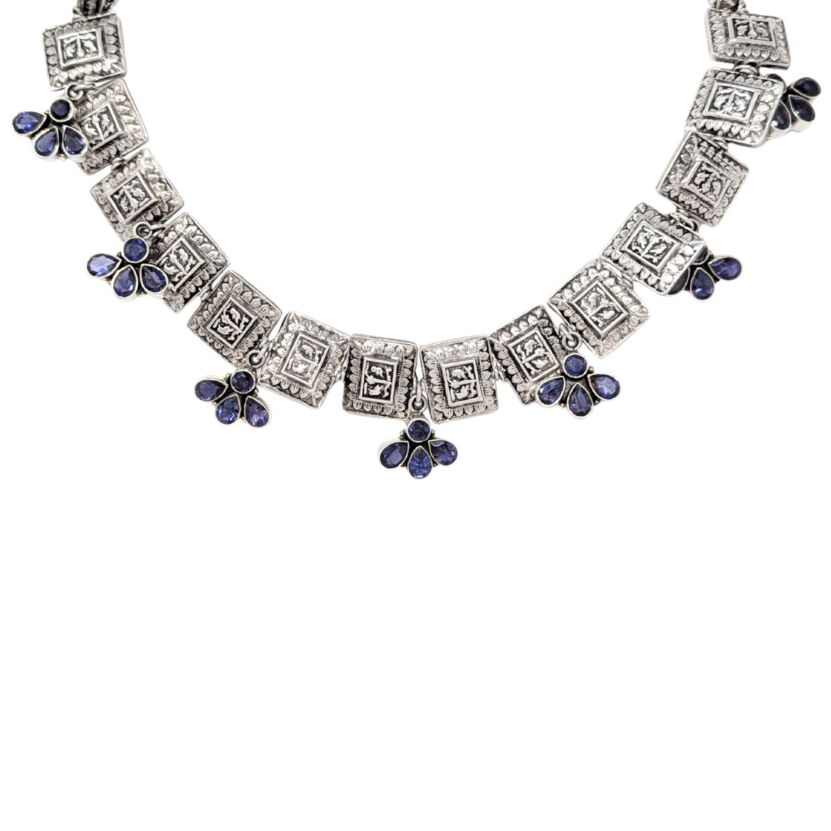 Sterling & Tanzanite Tribal Indian 16” Toggle Choker Necklace