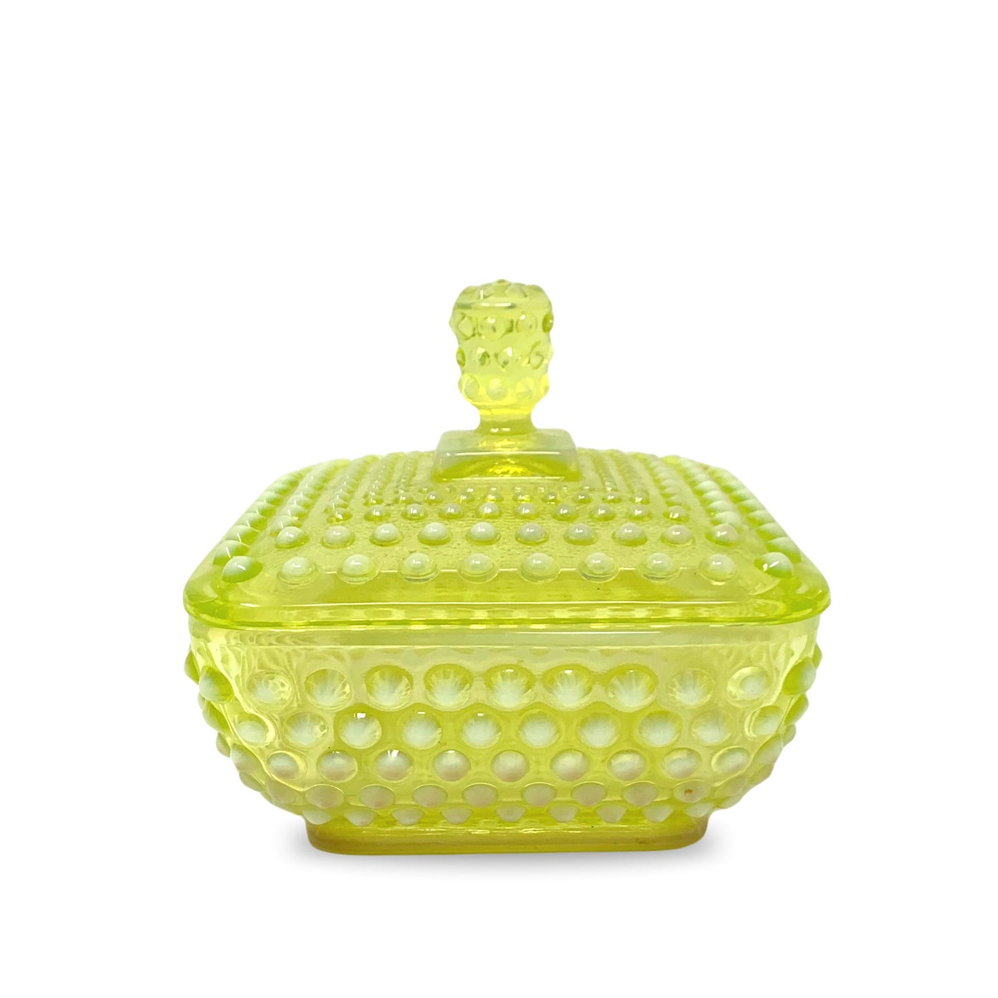 Imperial Glass Hobnail Dewdrop Opalescent Uranium Glass Covered Candy Dish