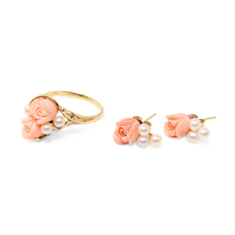 14K Gold Vintage Pearl & Angel Skin Coral Rose Ring & Earrings Set