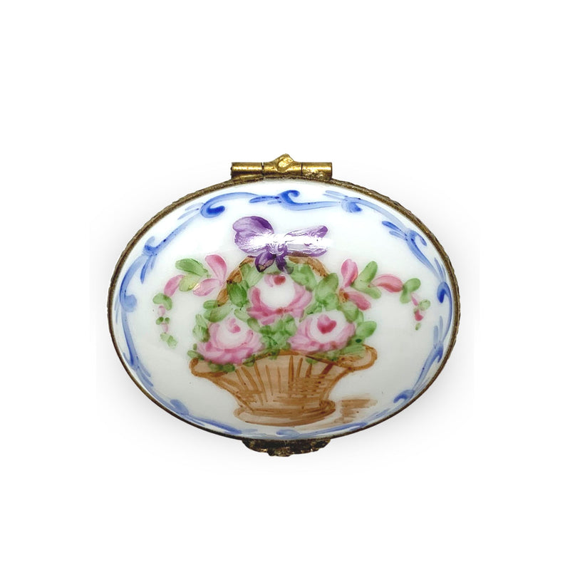 Limoges France Hand-Painted Basket of Flowers Mini Porcelain Trinket Box