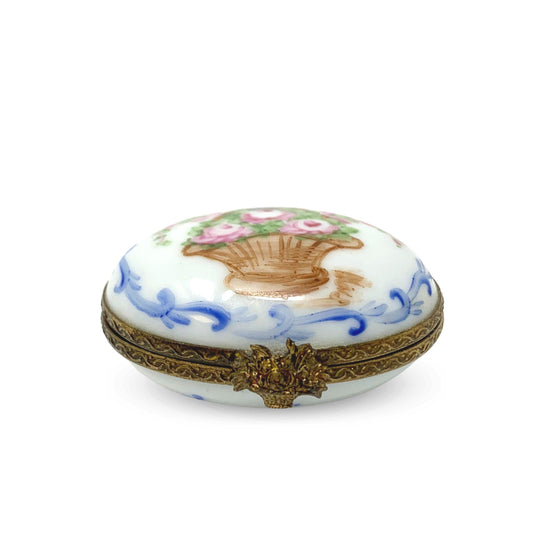 Limoges France Hand-Painted Basket of Flowers Mini Porcelain Trinket Box