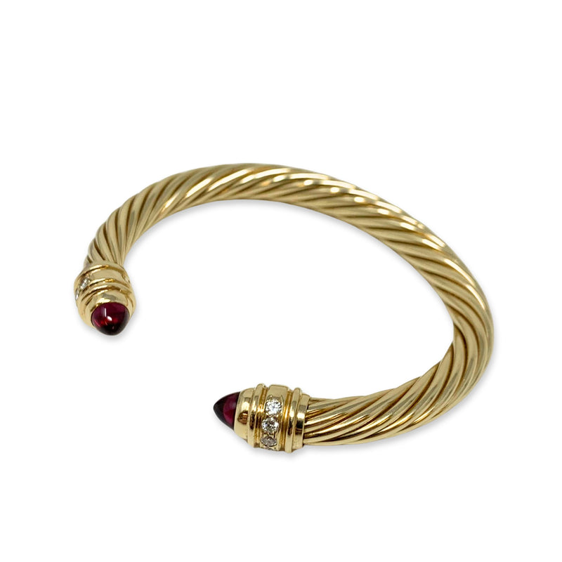 14K Gold Diamond & Garnet Cable Cuff Bracelet