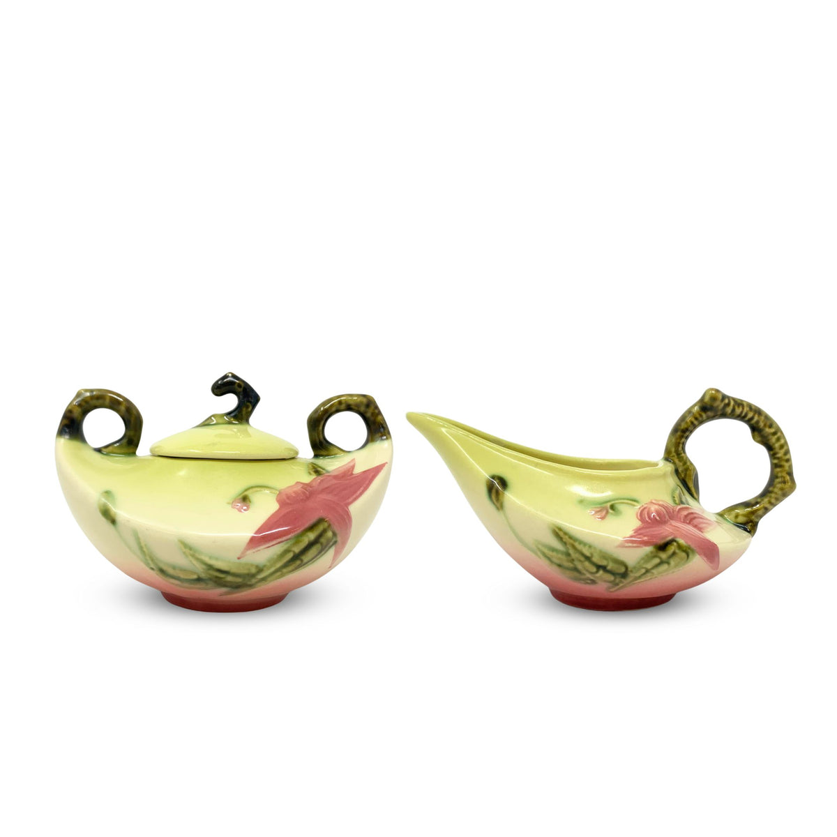 Hull Pottery Woodland Chartreuse/Pink Lily Creamer & Lidded Sugar Bowl