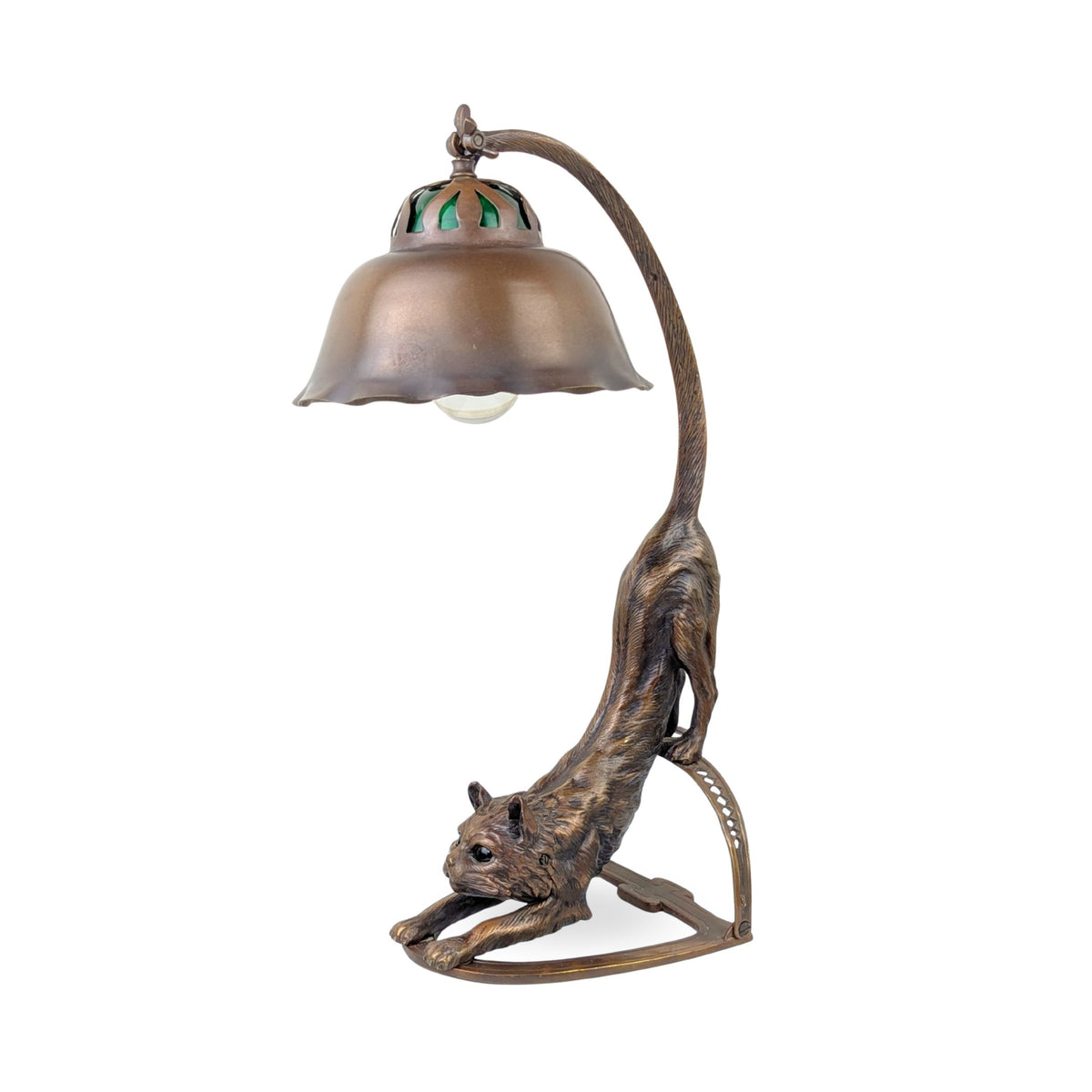 European Cast Bronze Stretching Cat Lamp, Early-Mid 20th C.