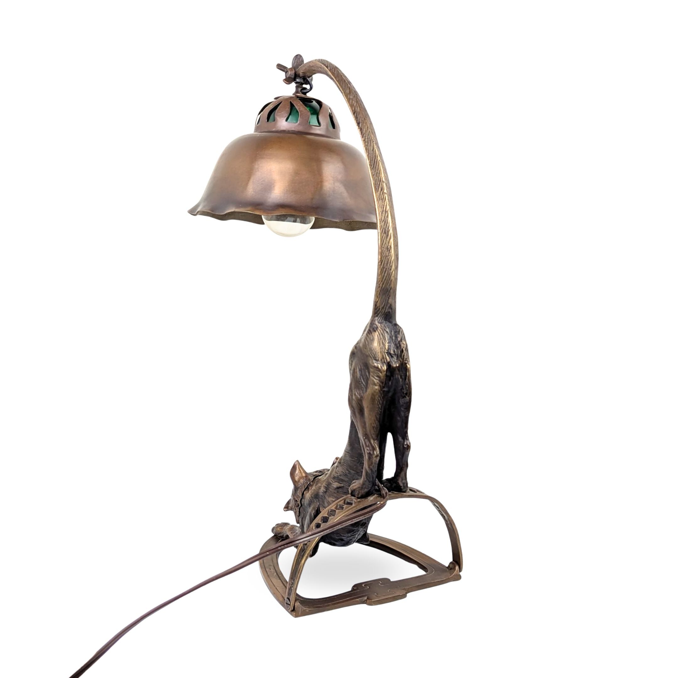 European Cast Bronze Stretching Cat Lamp, Early-Mid 20th C