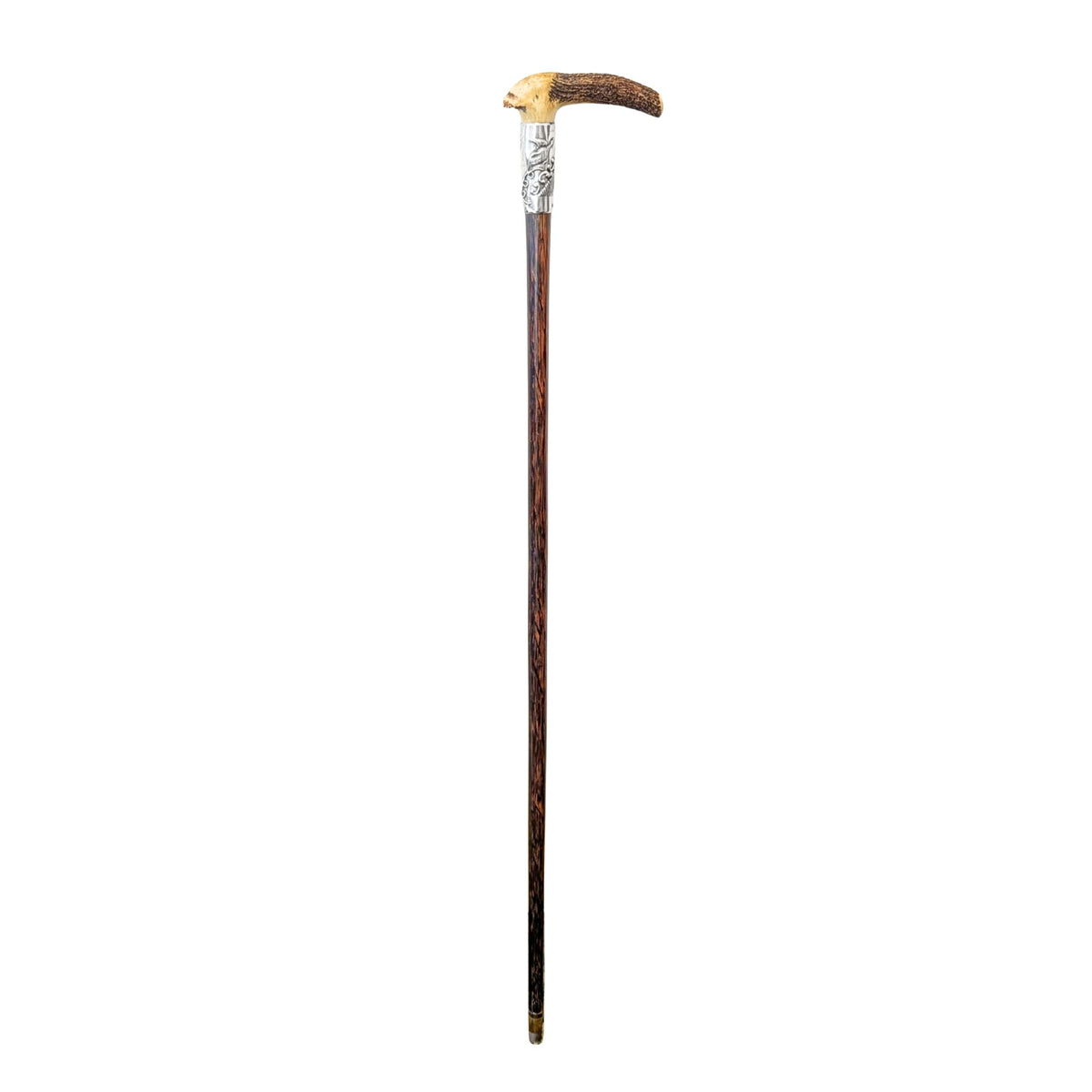 Natural Antler, Sterling, & Exotic Wood 38" Antique Walking Stick