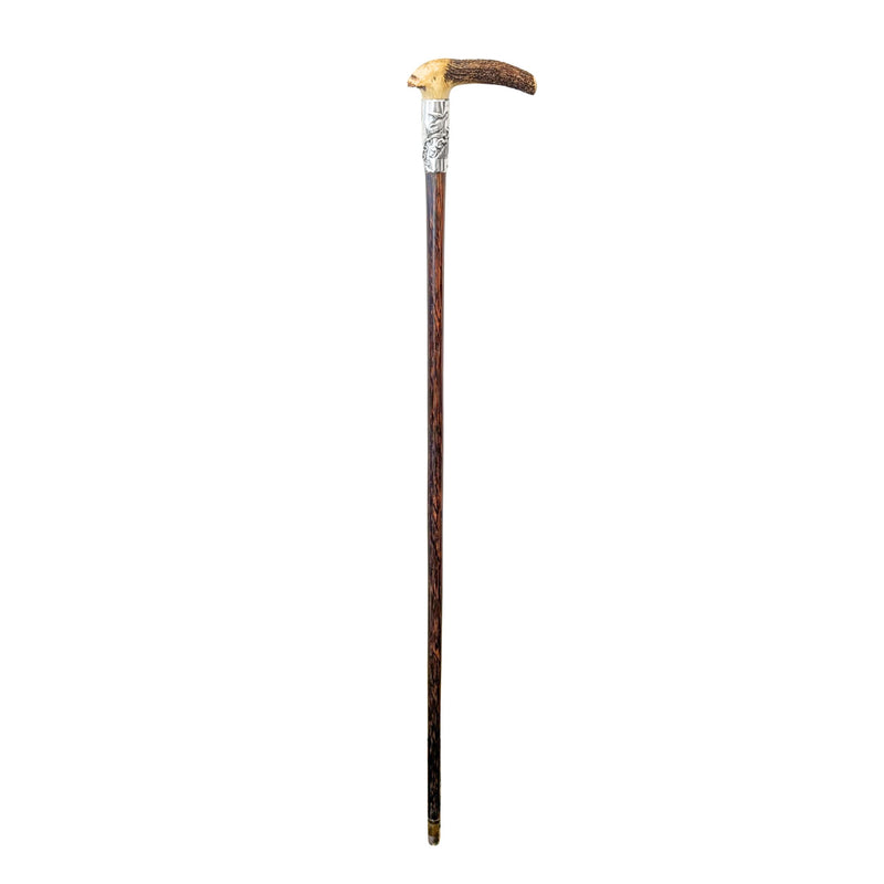Natural Antler, Sterling, & Exotic Wood 38" Antique Walking Stick