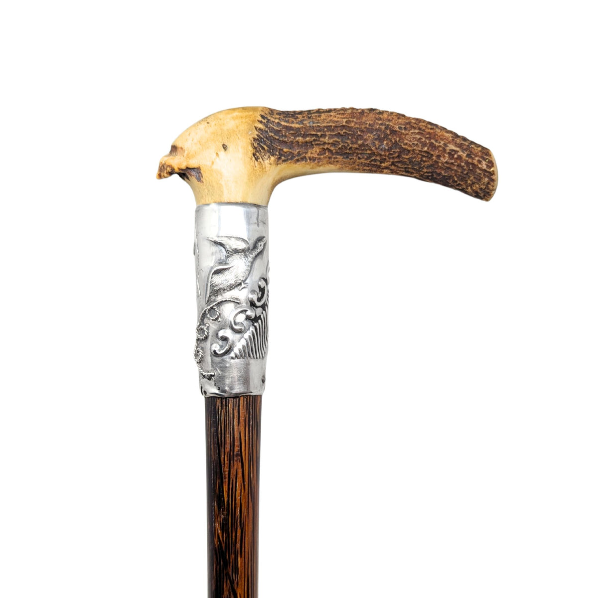 Natural Antler, Sterling, & Exotic Wood 38" Antique Walking Stick