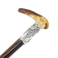 Natural Antler, Sterling, & Exotic Wood 38" Antique Walking Stick