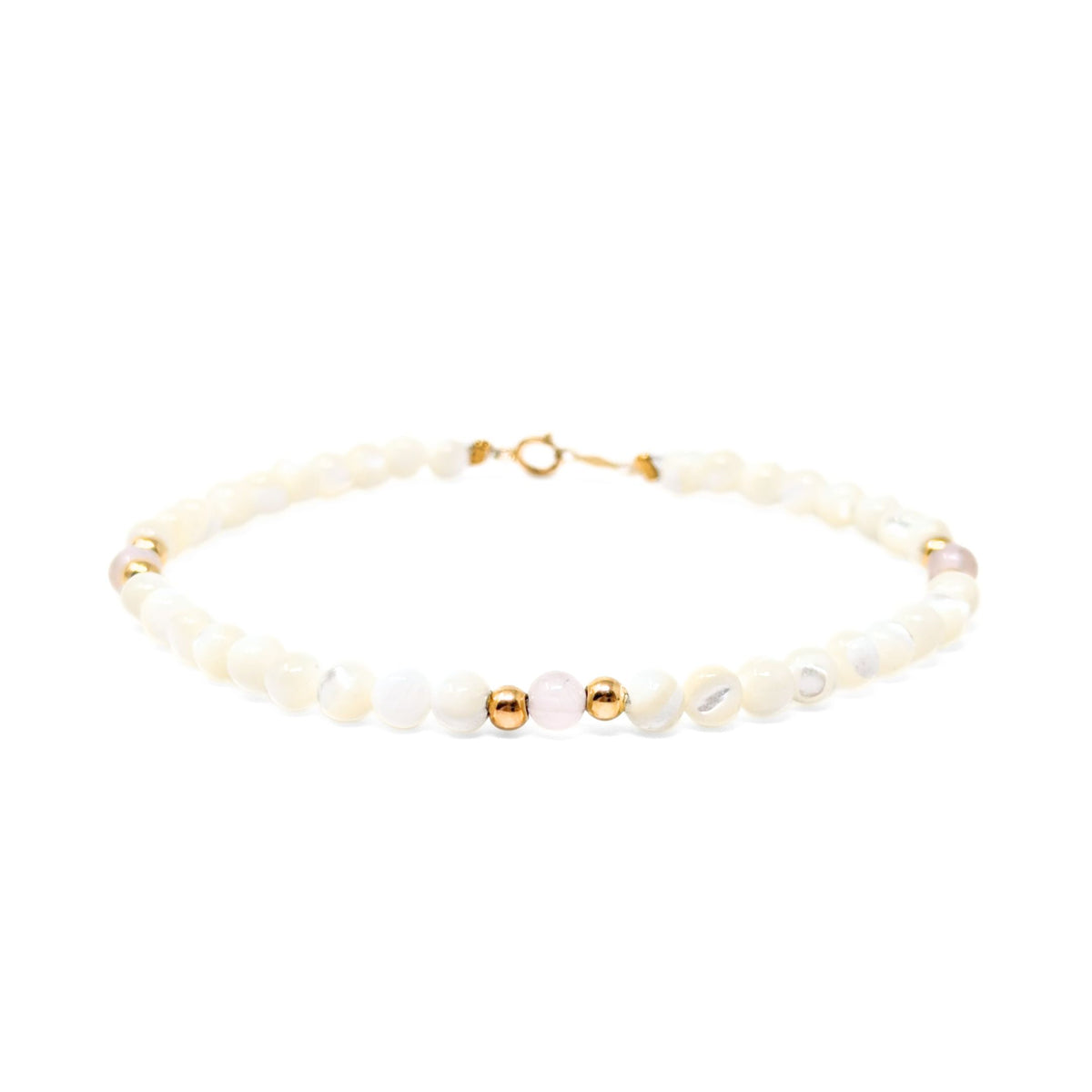 14K Gold, Moonstone, & Pink Quartz Bead 6.5" Bracelet