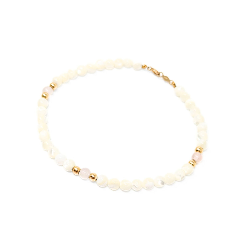 14K Gold, Moonstone, & Pink Quartz Bead 6.5" Bracelet