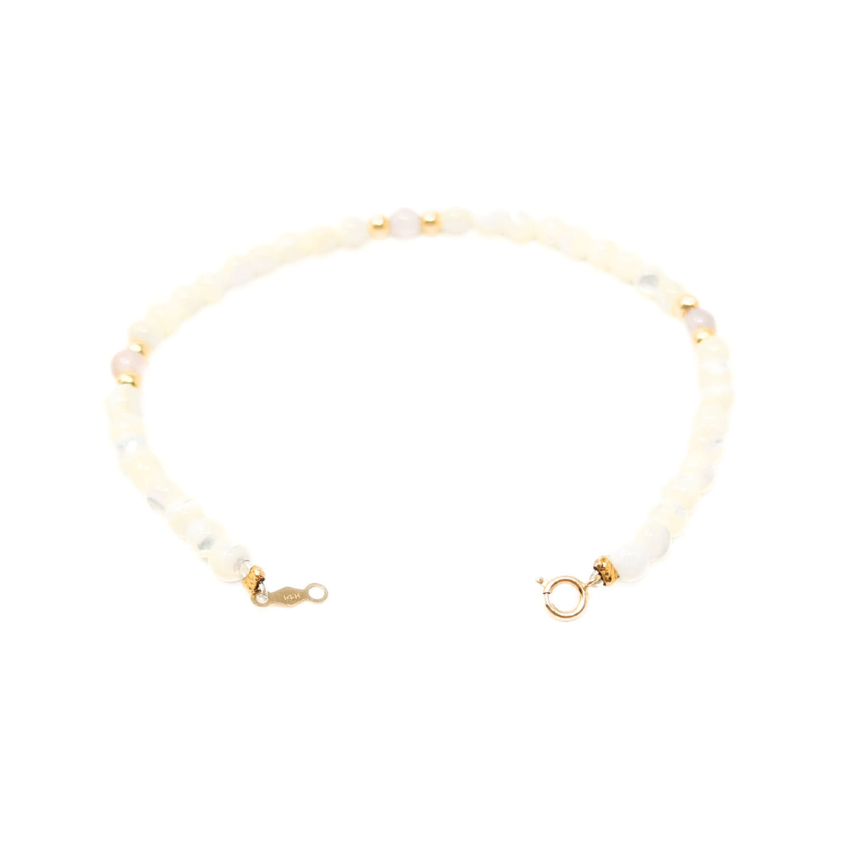 14K Gold, Moonstone, & Pink Quartz Bead 6.5" Bracelet